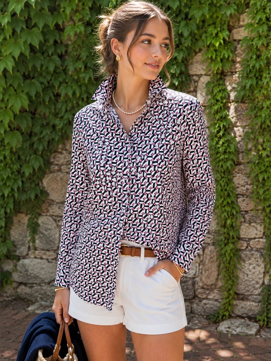 Tyler Boe Tops - TYLER BOE Navy, Pink, and Cream Preppy Covered Button Front Pleated Yoke Top, 8